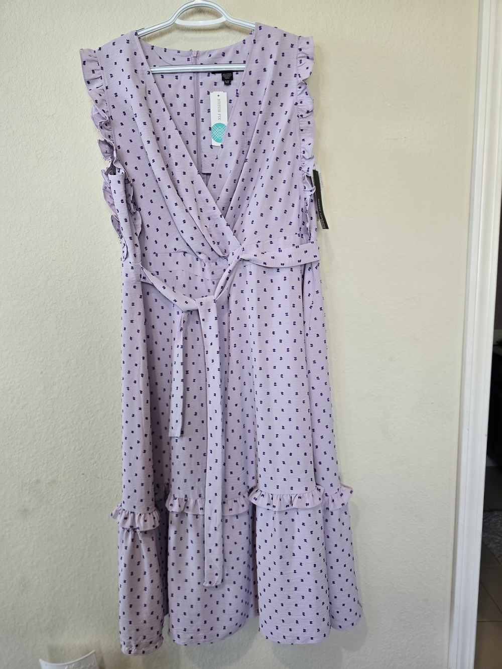 NWT Maggy London Woman Lilac Polka Dot Ruffle Wrap Dress Sz 16W